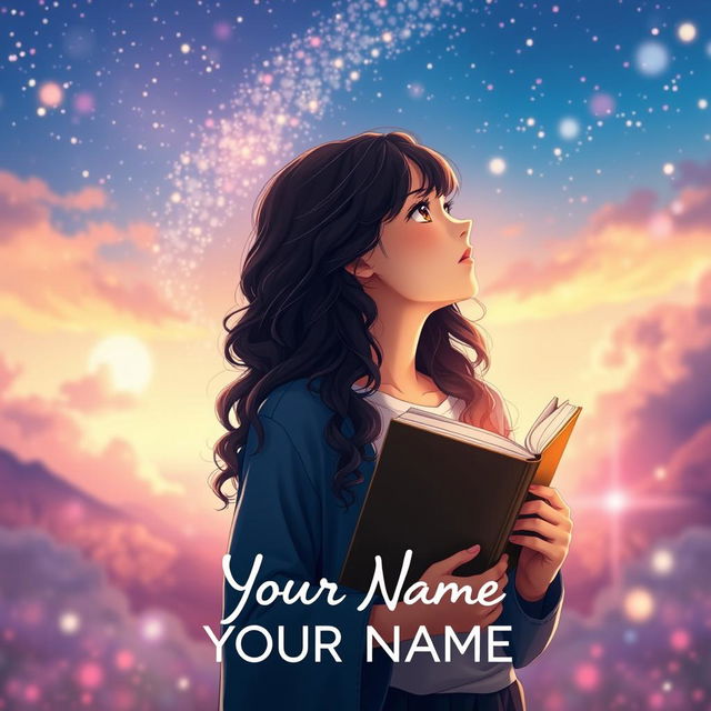 Create a movie poster inspired by the movie 'Your Name' featuring only a girl with long dark curly hair holding a book, looking towards the future