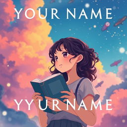 Create a movie poster inspired by the movie 'Your Name' featuring only a girl with long dark curly hair holding a book, looking towards the future