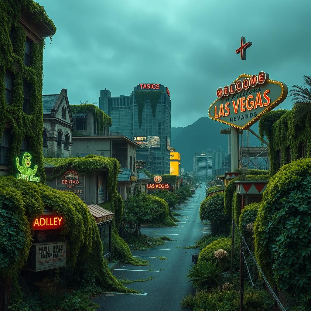 A hauntingly beautiful scene of an abandoned Las Vegas, with buildings and casinos overgrown by lush green plants and vines