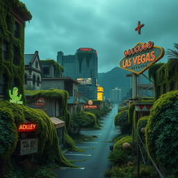 A hauntingly beautiful scene of an abandoned Las Vegas, with buildings and casinos overgrown by lush green plants and vines