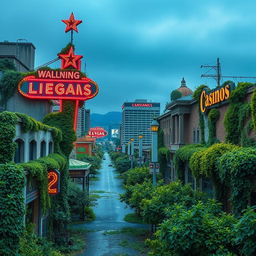 A hauntingly beautiful scene of an abandoned Las Vegas, with buildings and casinos overgrown by lush green plants and vines