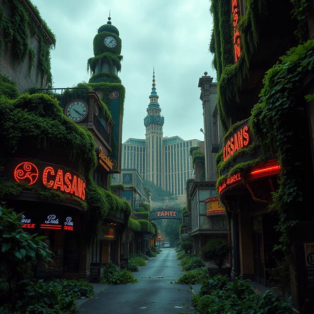 A hauntingly beautiful scene of an abandoned Las Vegas, with buildings and casinos overgrown by lush green plants and vines