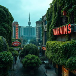 A hauntingly beautiful scene of an abandoned Las Vegas, with buildings and casinos overgrown by lush green plants and vines