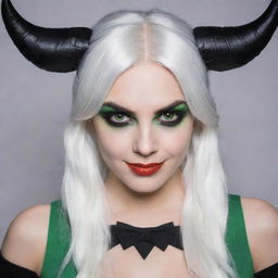 Photograph of a 30-year-old girl of average build, with white hair, dressed in a demon-themed cosplay. She showcases long square proportional facial features, dimples in her cheeks, bow lips, large black eyebrows, smooth medium green eyes, and swarthy skin