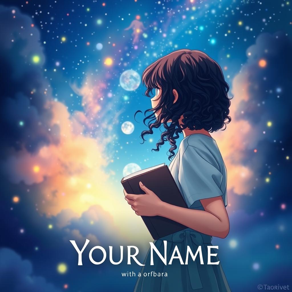 Create a movie poster inspired by the movie 'Your Name' featuring only a girl with long dark curly hair holding a book, looking towards the future