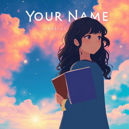 Create a movie poster inspired by the movie 'Your Name' featuring only a girl with long dark curly hair holding a book, looking towards the future