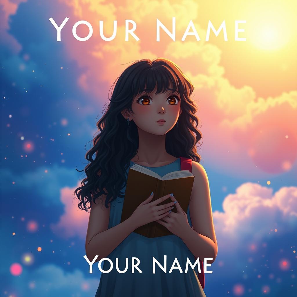 Create a movie poster inspired by the movie 'Your Name' featuring only a girl with long dark curly hair holding a book, looking towards the future