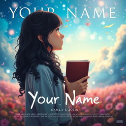 Create a movie poster inspired by the movie 'Your Name' featuring only a girl with long dark curly hair holding a book, looking towards the future