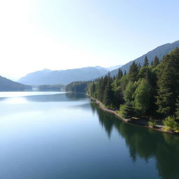 Create an image of a serene landscape featuring a calm lake surrounded by lush trees and mountains in the background