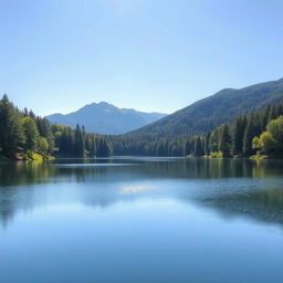 Create an image of a serene landscape featuring a calm lake surrounded by lush trees and mountains in the background