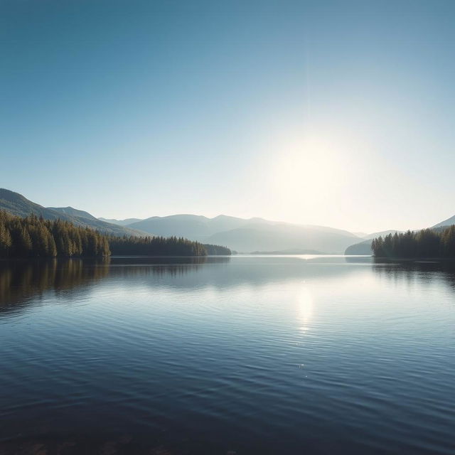 Create an image of a serene landscape featuring a calm lake surrounded by lush trees and mountains in the background