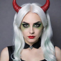 Photograph of a 30-year-old girl of average build, with white hair, dressed in a demon-themed cosplay. She showcases long square proportional facial features, dimples in her cheeks, bow lips, large black eyebrows, smooth medium green eyes, and swarthy skin