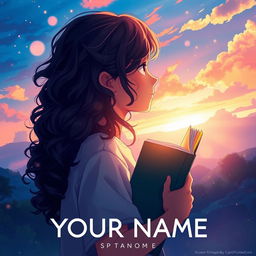 Create a movie poster inspired by the movie 'Your Name' featuring only a girl with long dark curly hair holding a book, looking towards the future