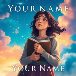 Create a movie poster inspired by the movie 'Your Name' featuring only a girl with long dark curly hair holding a book, looking towards the future