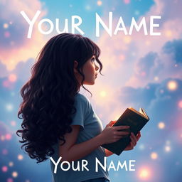 Create a movie poster inspired by the movie 'Your Name' featuring only a girl with long dark curly hair holding a book, looking towards the future