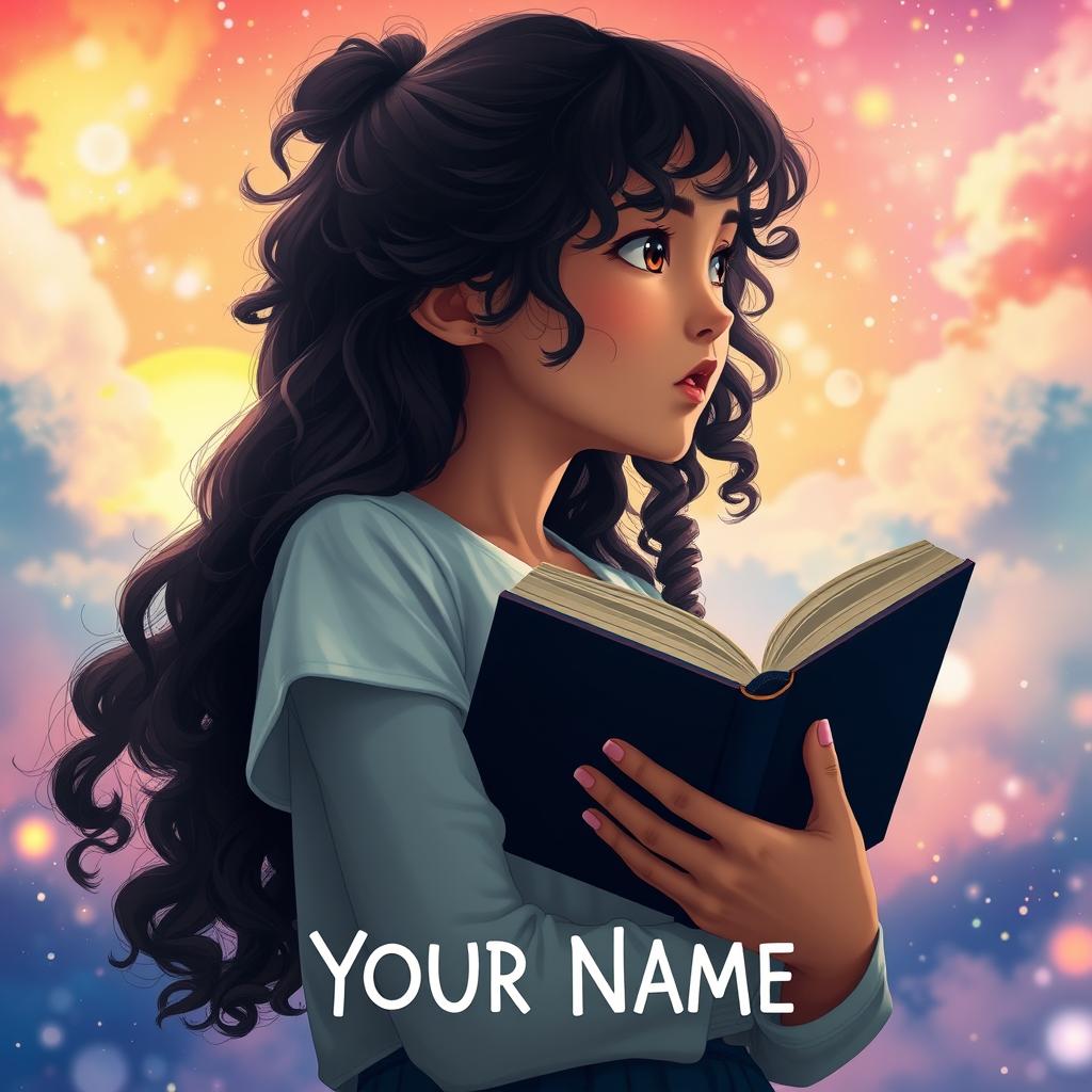 Create a movie poster inspired by the movie 'Your Name' featuring only a girl with long dark curly hair holding a book, looking towards the future