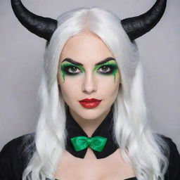 Photograph of a 30-year-old girl of average build, with white hair, dressed in a demon-themed cosplay. She showcases long square proportional facial features, dimples in her cheeks, bow lips, large black eyebrows, smooth medium green eyes, and swarthy skin