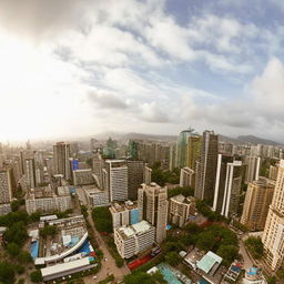 A vibrant panorama of a developed African city, filled with modern skyscrapers, bustling markets, advanced technology, lush parks, and a thriving cultural scene.