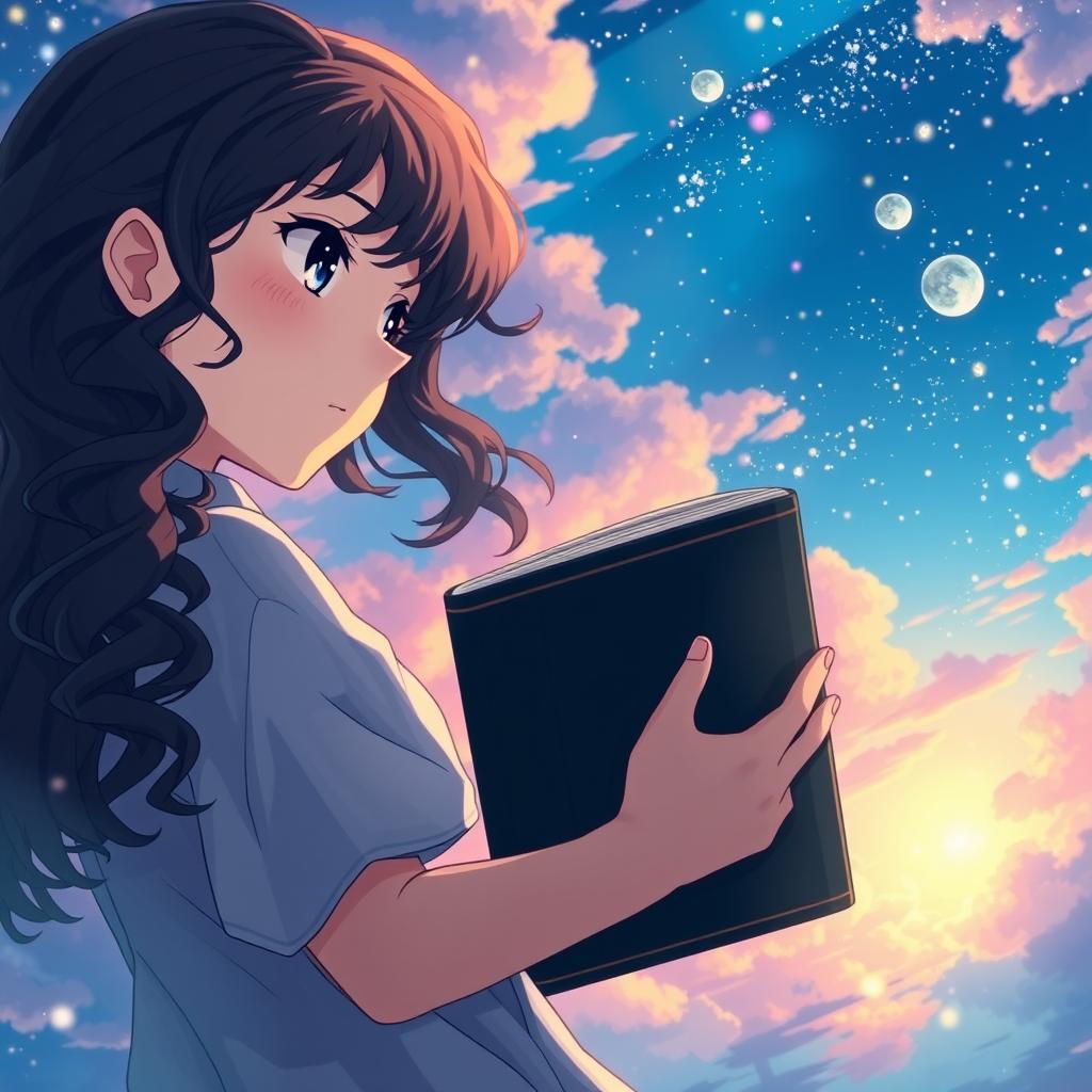 Create a movie poster in the style of Makoto Shinkai featuring only a girl with long dark curly hair holding a book, looking towards the future