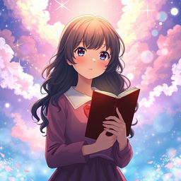 Create a movie poster in the style of Makoto Shinkai featuring only a girl with long dark curly hair holding a book, looking towards the future