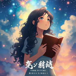 Create a movie poster in the style of Makoto Shinkai featuring only a girl with long dark curly hair holding a book, looking towards the future