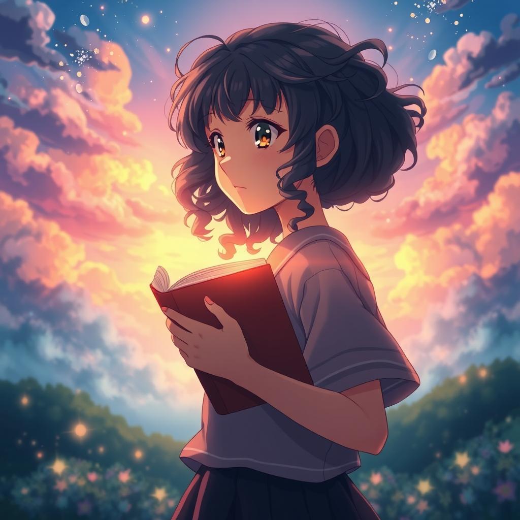 Create a movie poster in the style of Makoto Shinkai featuring only a girl with long dark curly hair holding a book, looking towards the future