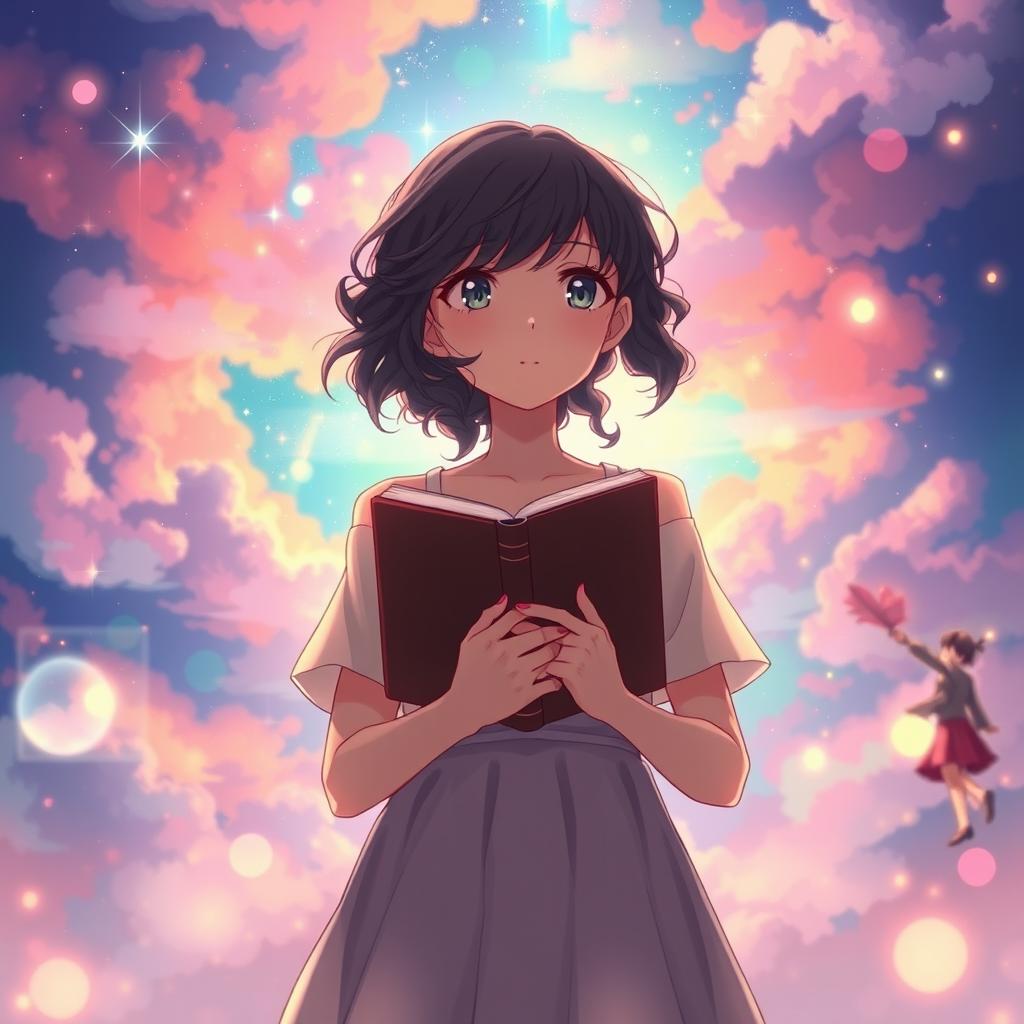 Create a movie poster in the style of Makoto Shinkai featuring only a girl with long dark curly hair holding a book, looking towards the future