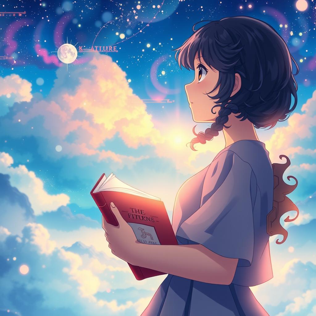 Create a movie poster in the style of Makoto Shinkai featuring only a girl with long dark curly hair holding a book, looking towards the future