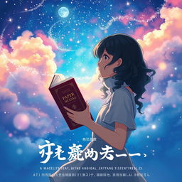 Create a movie poster in the style of Makoto Shinkai featuring only a girl with long dark curly hair holding a book, looking towards the future