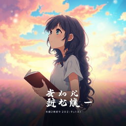 Create a movie poster in the style of Makoto Shinkai featuring only a girl with long dark curly hair holding a book, looking towards the future