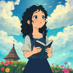 Create a movie poster in the style of Studio Ghibli featuring only a girl with long dark curly hair holding a book, looking towards the future