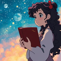 Create a movie poster in the style of Studio Ghibli featuring only a girl with long dark curly hair holding a book, looking towards the future