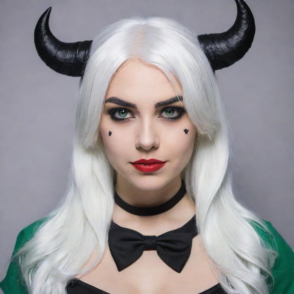 Photograph of a 30-year-old girl of average build, with white hair, dressed in a demon-themed cosplay. She showcases long square proportional facial features, dimples in her cheeks, bow lips, large black eyebrows, smooth medium green eyes, and swarthy skin