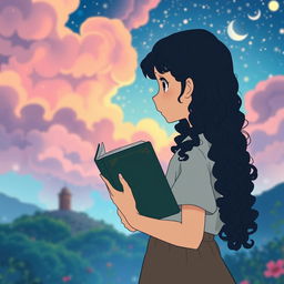 Create a movie poster in the style of Studio Ghibli featuring only a girl with long dark curly hair holding a book, looking towards the future