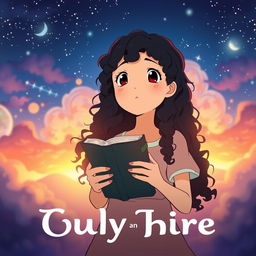 Create a movie poster in the style of Studio Ghibli featuring only a girl with long dark curly hair holding a book, looking towards the future