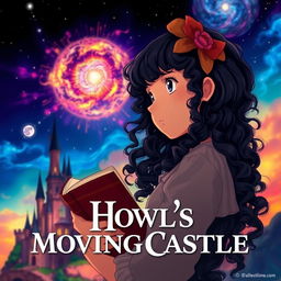 Create a movie poster in the style of 'Howl's Moving Castle' featuring only a girl with long dark curly hair holding a book, looking towards the future