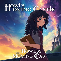 Create a movie poster in the style of 'Howl's Moving Castle' featuring only a girl with long dark curly hair holding a book, looking towards the future