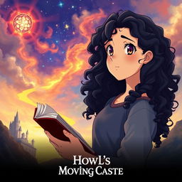 Create a movie poster in the style of 'Howl's Moving Castle' featuring only a girl with long dark curly hair holding a book, looking towards the future