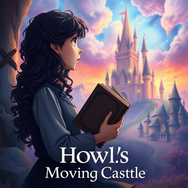 Create a movie poster in the style of 'Howl's Moving Castle' featuring only a girl with long dark curly hair holding a book, looking towards the future