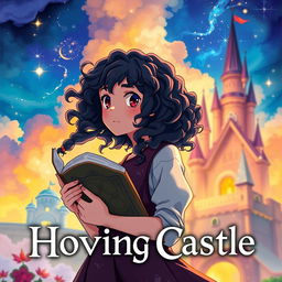 Create a poster in the style of 'Howl's Moving Castle' featuring a girl with long dark curly hair holding a book, looking towards the future