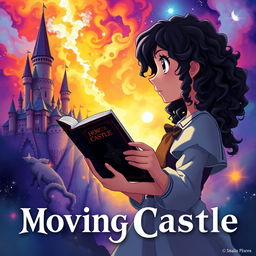 Create a poster in the style of 'Howl's Moving Castle' featuring a girl with long dark curly hair holding a book, looking towards the future