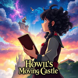 Create a poster in the style of 'Howl's Moving Castle' featuring a girl with long dark curly hair holding a book, looking towards the future