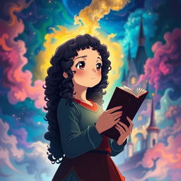 Create a poster in the style of 'Howl's Moving Castle' featuring a girl with long dark curly hair holding a book, looking towards the future