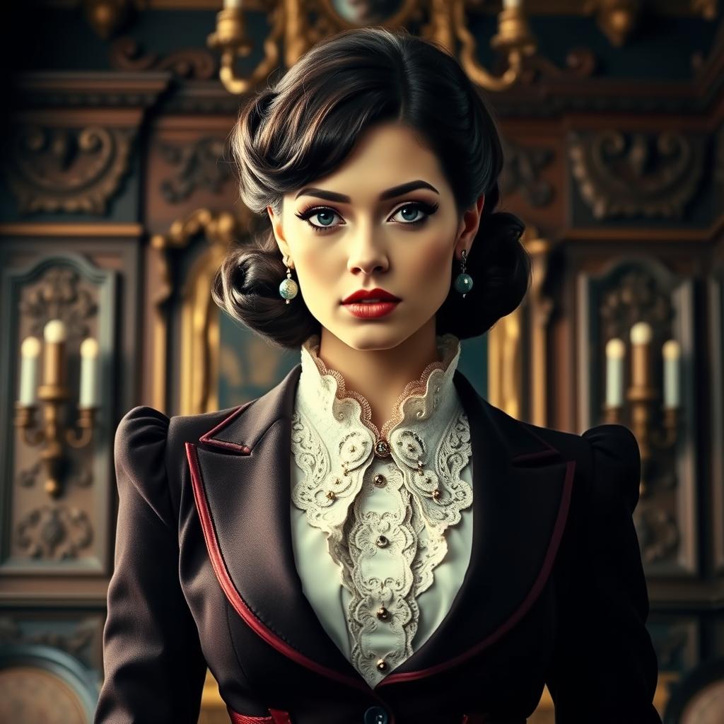 A petite woman dressed in elegant, vintage attire, exuding an air of authority and confidence