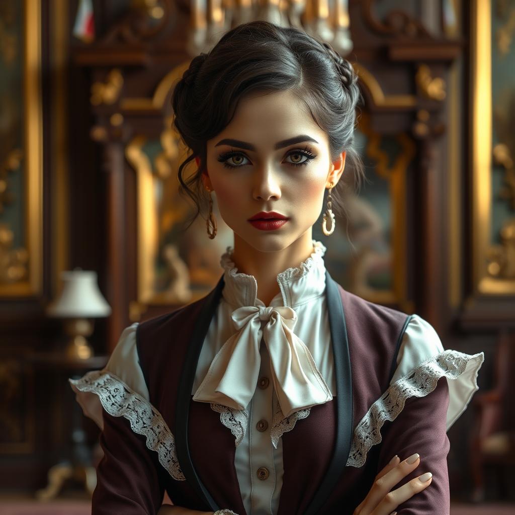 A petite woman dressed in elegant, vintage attire, exuding an air of authority and confidence