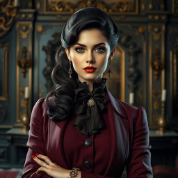 A petite woman dressed in elegant, vintage attire, exuding an air of authority and confidence