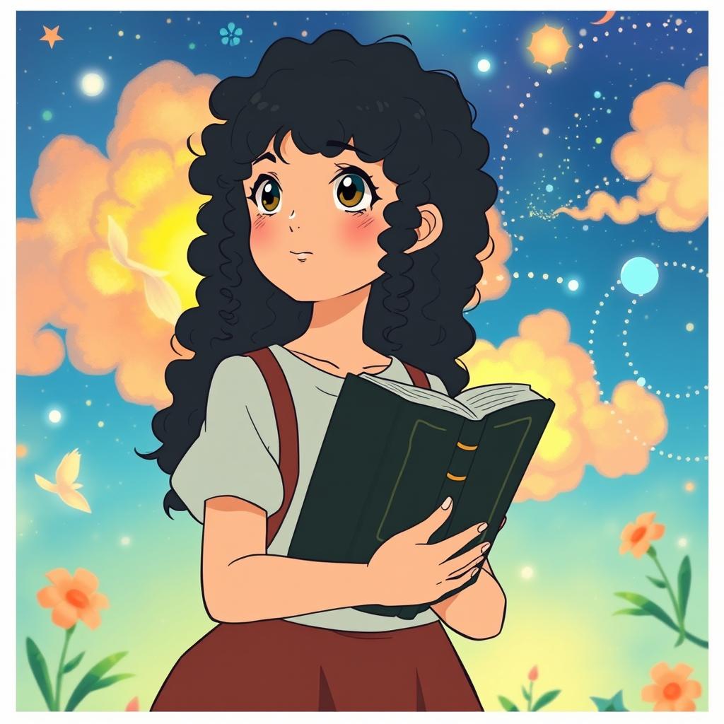 Create a poster in the style of Studio Ghibli featuring a girl with long dark curly hair holding a book, looking towards the future