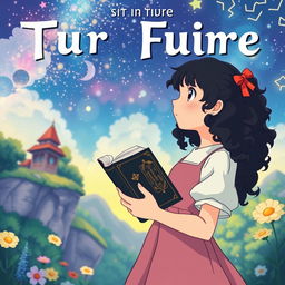 Create a poster in the style of Studio Ghibli featuring a girl with long dark curly hair holding a book, looking towards the future