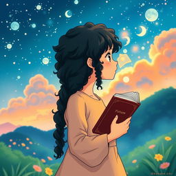 Create a poster in the style of Studio Ghibli featuring a girl with long dark curly hair holding a book, looking towards the future