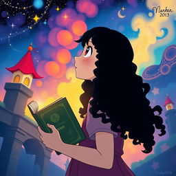 Create a poster in the style of Studio Ghibli featuring a girl with long dark curly hair holding a book, looking towards the future